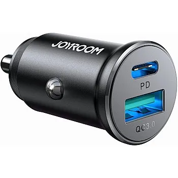 شاحن سيارة معدني صغير 30 وات بمنفذ USB-C ومنفذ USB-A للشحن السريع (PD3.0/PPS/QC3.0) بتصميم صغير من جوي روم - لون أسود، موديل JR-CCN05