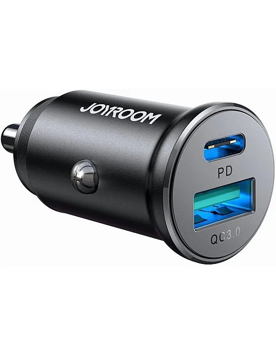 Joyroom JR-CCN05 30W Mini Metal Car Charger – USB-C PD + USB-A Quick Charging, Fast Charge Support (PD3.0/PPS/QC3.0), Compact Design – Black | 12-Month Warranty