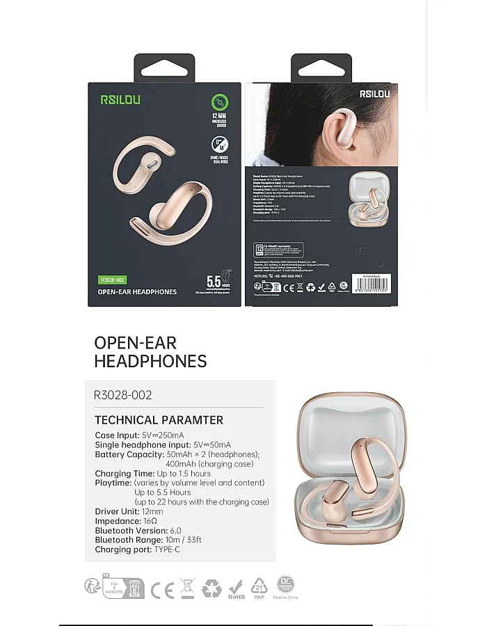 Rsilou R3028 Open-Ear Bluetooth Earbuds, Up to 22H Battery Life, Bluetooth 6.0, 12mm Drivers, Ultra-Light 6g Design, Tuned Sound Quality, Touch Controls, 1 Year Local Warranty (rose gold)