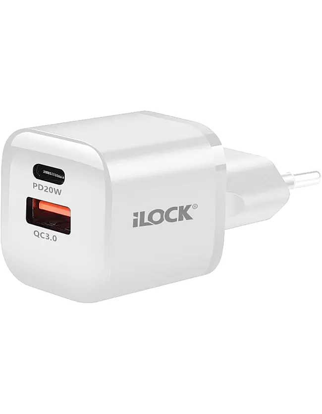 شاحن سريع بمنفذين بقوة 20 وات (USB نوع A وUSB نوع C)، شاحن حائط بتقنية الشحن السريع 3.0 صغير الحجم من اي لوك - أبيض