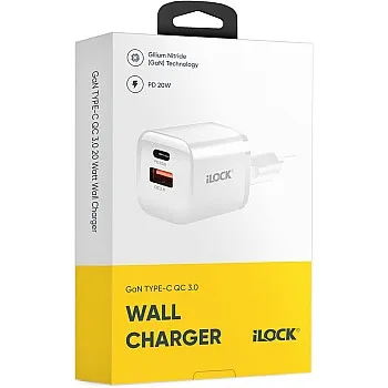 شاحن سريع بمنفذين بقوة 20 وات (USB نوع A وUSB نوع C)، شاحن حائط بتقنية الشحن السريع 3.0 صغير الحجم من اي لوك - أبيض