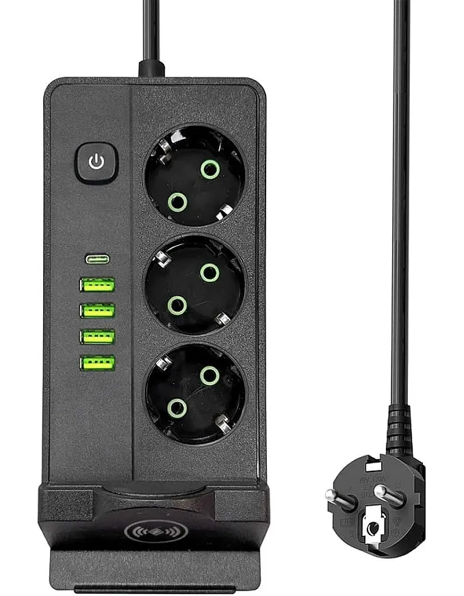 1080 Power Strip 3 Outlets 5 Vertical USB Ports with Wireless Charging Pad 2500W 220V 250V Detachable Switch Charging Station for Office Home 750℃ Flame Retardant (Black)