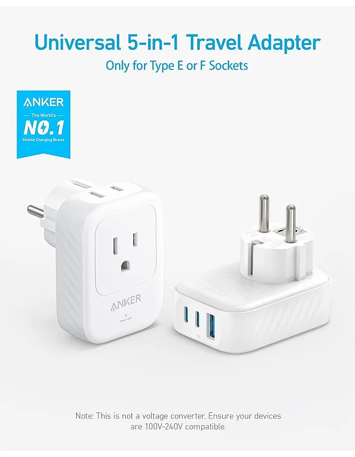 Anker European Travel Plug Adapter USB C 15W, International Power Plug with 2 AC Outlets, 2 USB C, and 1 USB A Port, Ideal for iPhone15, iPad Air, and More, Compact for Travel, Cruise (TUV Listed)