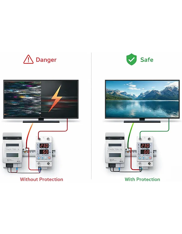 Electrical Protector with 2 Volt and Amp Displays – 80 VA – Protect Devices from Electricity Fluctuations – LED Digital Display – Compatible with Home Appliances - SP3-80VA