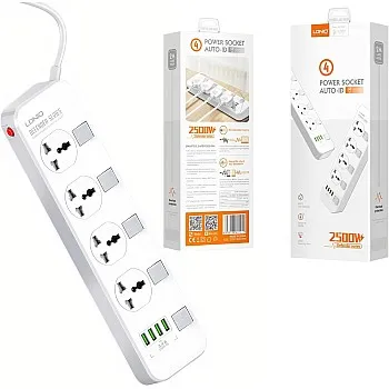 LDNIO SC4408 Universal Power Strip with 5 Power Sockets, 4 USB Ports, 2500W Overload Protector - White