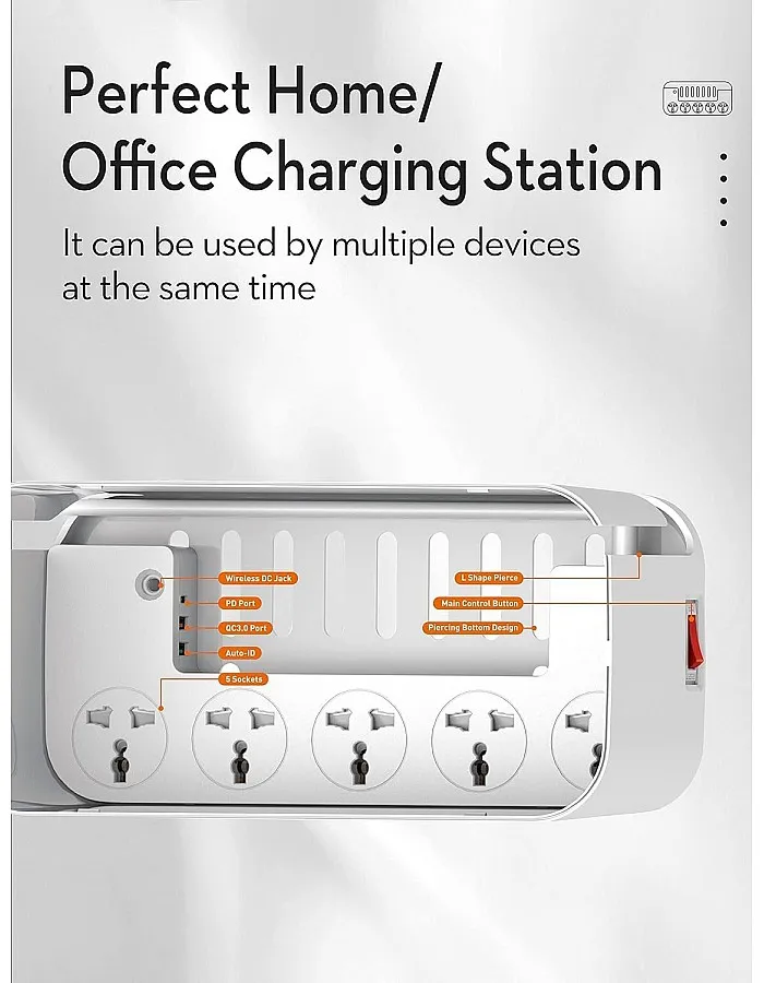 LDNIO SCW5354 Management Power Strip Box 5 port 3USB Wireless Charger Power Cord 2M - White