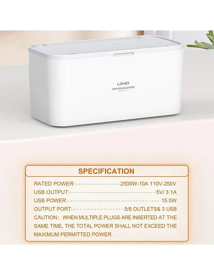 LDNIO SCW5354 Management Power Strip Box 5 port 3USB Wireless Charger Power Cord 2M - White