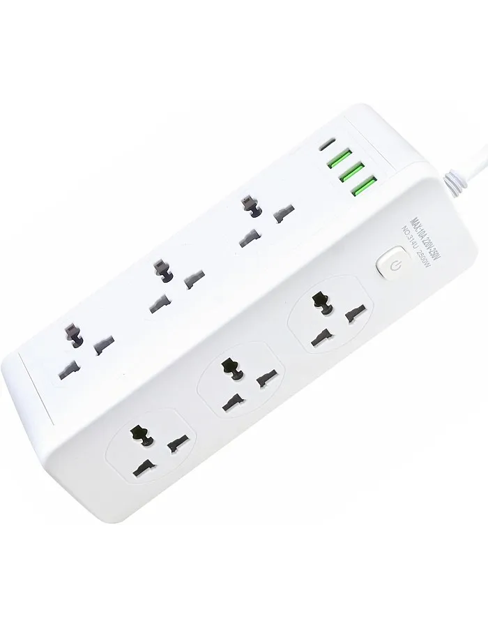 Power Strip 6 Outlets 2500W Max 10A Power Strip with USB Outlets Plus TYPE-C Output for Charging Electronic Devices (6 Power Outlets & 3 USB Output & TYPE-C)