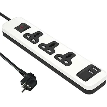 مشترك كهرباء شامل مع 3 منافذ + 2 منفذ USB-A من اي لوك| شحن سريع | 2 م