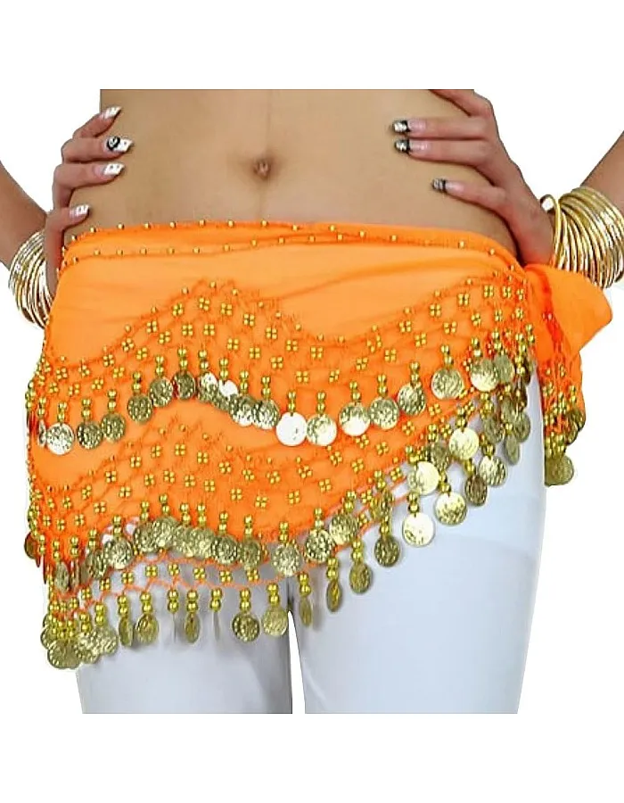 The Turkish Emporium Chiffon 3 Row Belly Dance Hip Scarf Coin Belt with 128 coins