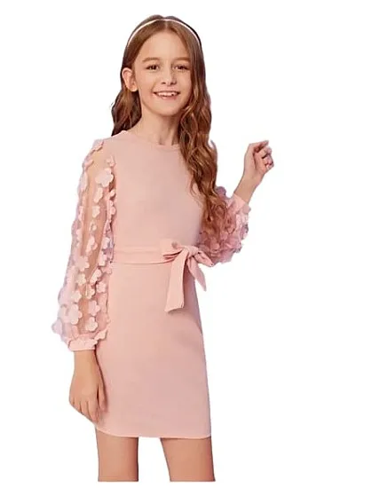Girls Dress with Mesh Belt with Mesh Sleeves