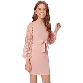 Girls Dress with Mesh Belt with Mesh Sleeves