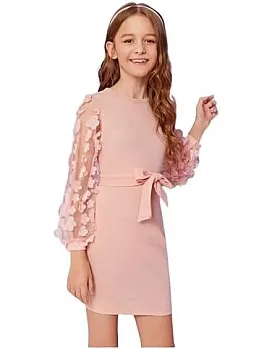Girls Dress with Mesh Belt with Mesh Sleeves