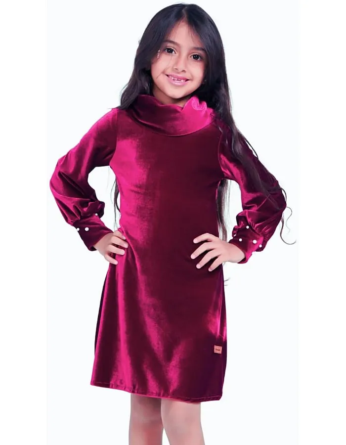 Pearl Slim Dress for Girls, Velvet Long Sleeve (RED, BLACK, EMERALD GREEN, NAVY BLUE AND DEEP FUCHSIA)