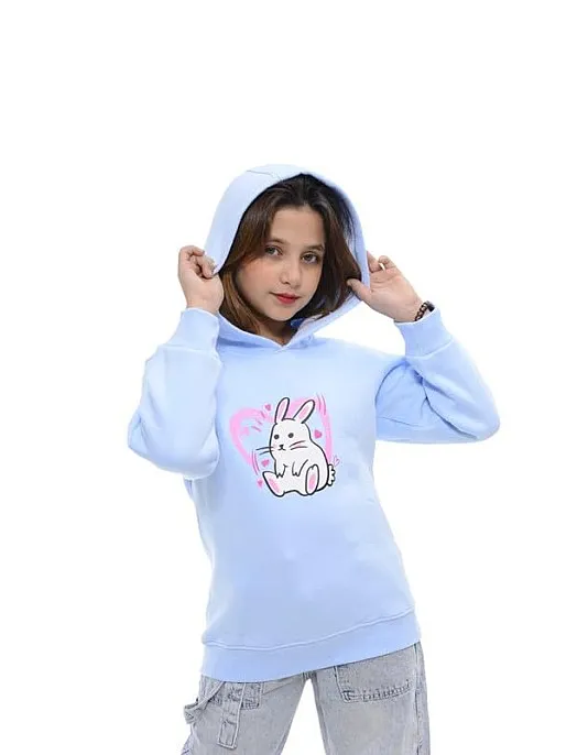 AKY Printed Girls Hoodies Cotton Melton Baby Blue