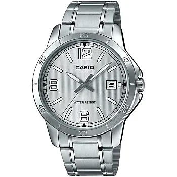 Casio MTP-V004D-7B2UDF Stainless Steel Silver Striped Dial Tachymeter Bezel Round Analog Watch for Men - Silver