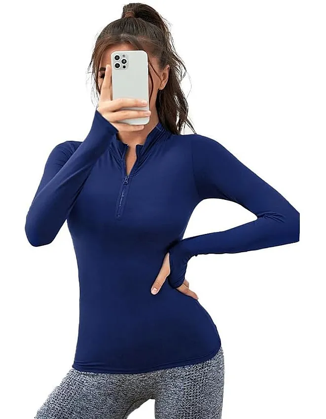 Sport Top - long sleeve t-shirt Half Zipper Thumb Hole Sports T-shirts for women