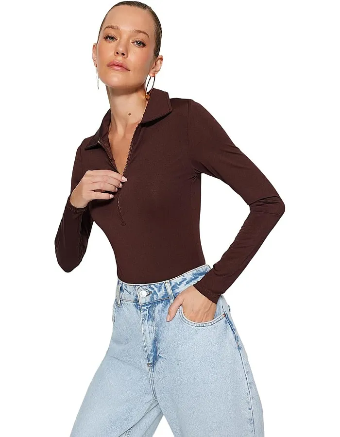 Trendyol Woman Zipper Collar Detailed Snap Snap Elastic Knitted Bodysuit TWOAW24BD00005 body