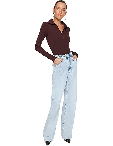 Trendyol Woman Zipper Collar Detailed Snap Snap Elastic Knitted Bodysuit TWOAW24BD00005 body