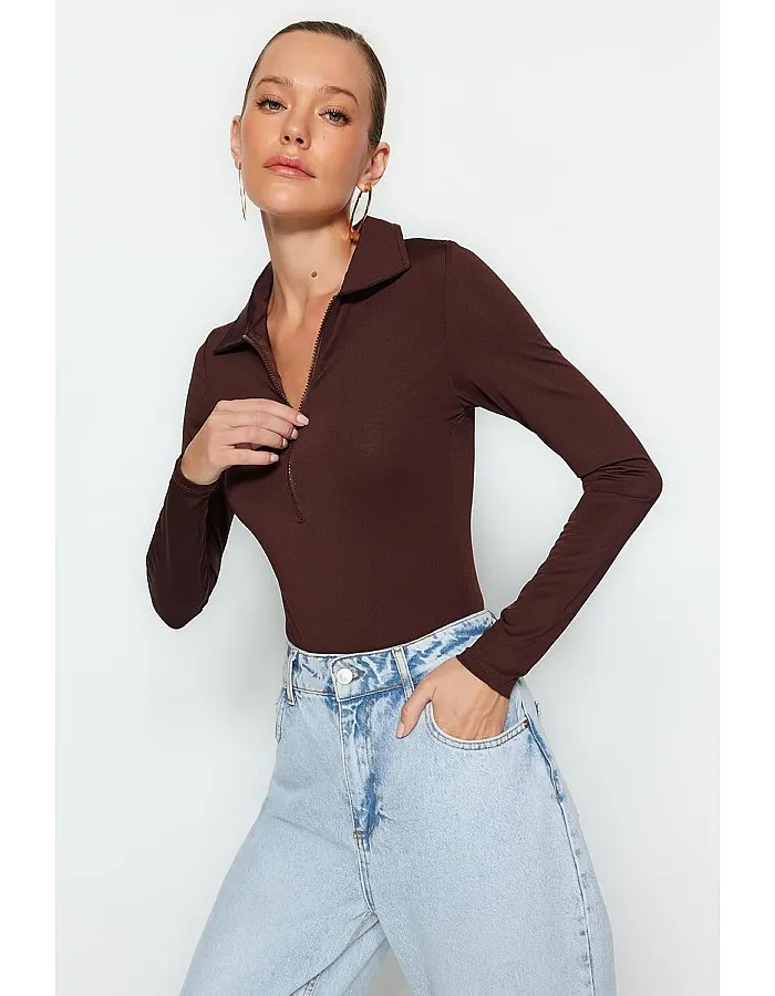 Trendyol Woman Zipper Collar Detailed Snap Snap Elastic Knitted Bodysuit TWOAW24BD00005 body