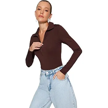 Trendyol Woman Zipper Collar Detailed Snap Snap Elastic Knitted Bodysuit TWOAW24BD00005 body