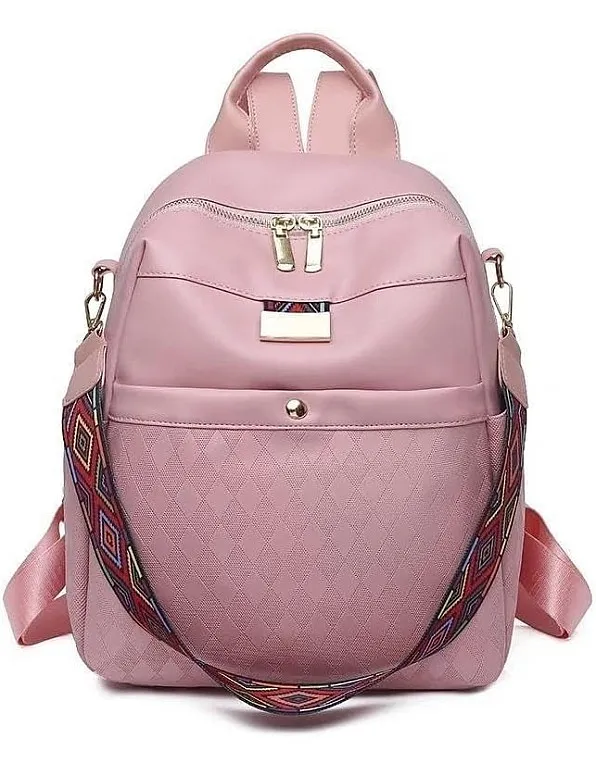 Pink Women Backpack, Faux Leather, Padded Design, with Decorative Shoulder Strap
