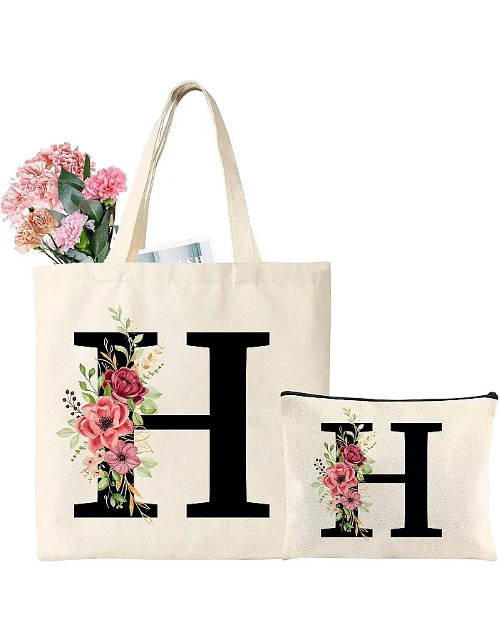 Tarklanda Initials Shopping Bag Cotton Bag with Letters Canvas Tote Bag Initial Tote Bag and Cosmetic Bag Gift for Women Girlfriend Mum Colleague for Birthday, Mother's Day (H)