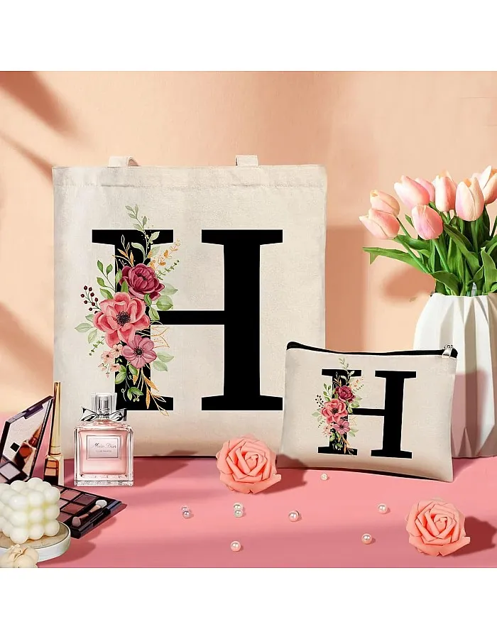 Tarklanda Initials Shopping Bag Cotton Bag with Letters Canvas Tote Bag Initial Tote Bag and Cosmetic Bag Gift for Women Girlfriend Mum Colleague for Birthday, Mother's Day (H)