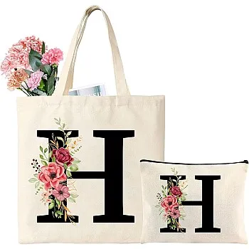 Tarklanda Initials Shopping Bag Cotton Bag with Letters Canvas Tote Bag Initial Tote Bag and Cosmetic Bag Gift for Women Girlfriend Mum Colleague for Birthday, Mother's Day (H)