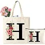 Tarklanda Initials Shopping Bag Cotton Bag with Letters Canvas Tote Bag Initial Tote Bag and Cosmetic Bag Gift for Women Girlfriend Mum Colleague for Birthday, Mother's Day (H)