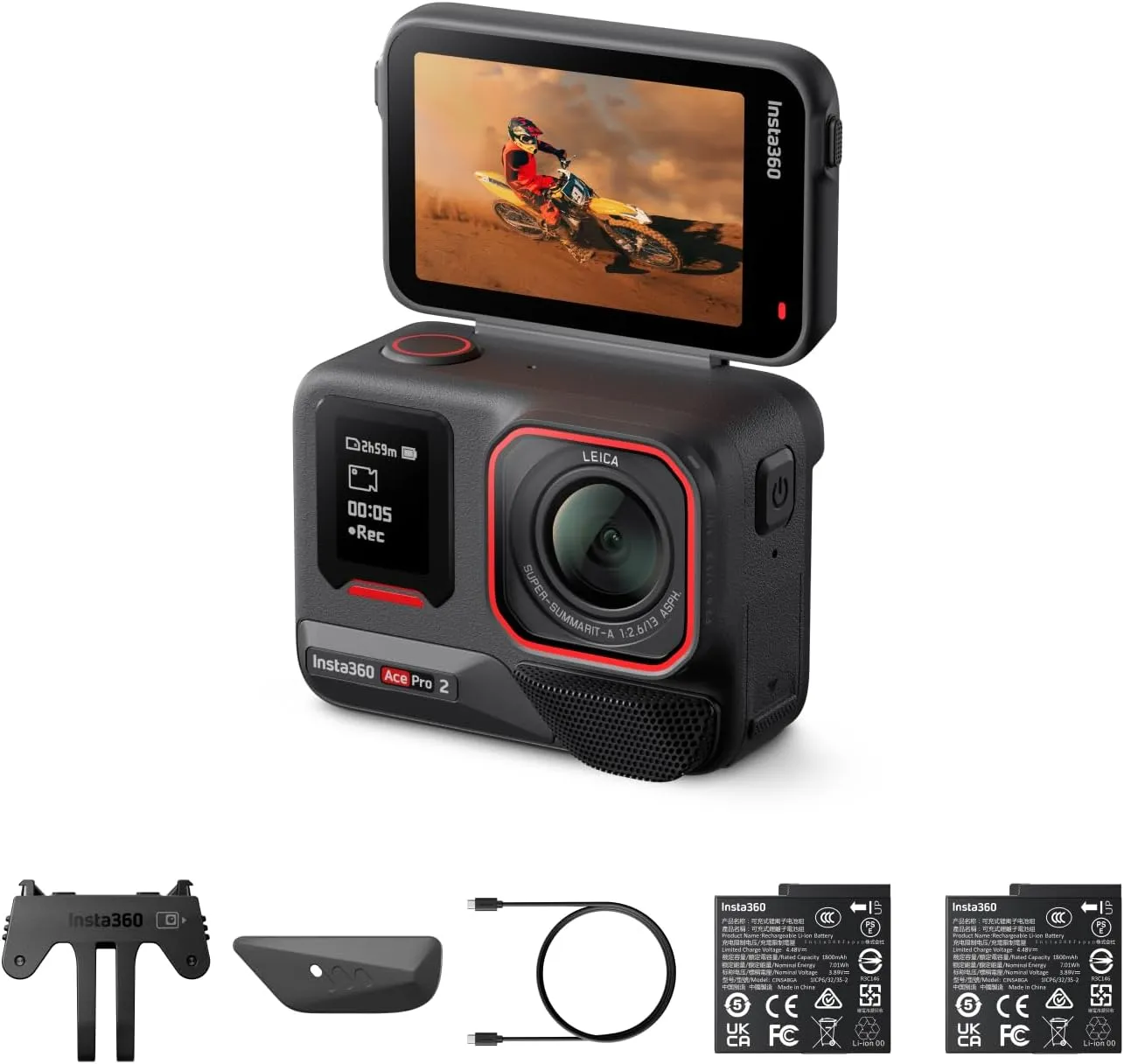 Insta360 Ace Pro 2 Standard Dual Battery Bundle -8K Waterproof Action Camera Co-Engineered with Leica, 1/1.3" Sensor, Dual AI Chip, Leading Low Light, Superior Audio, Flip Screen & AI Editing